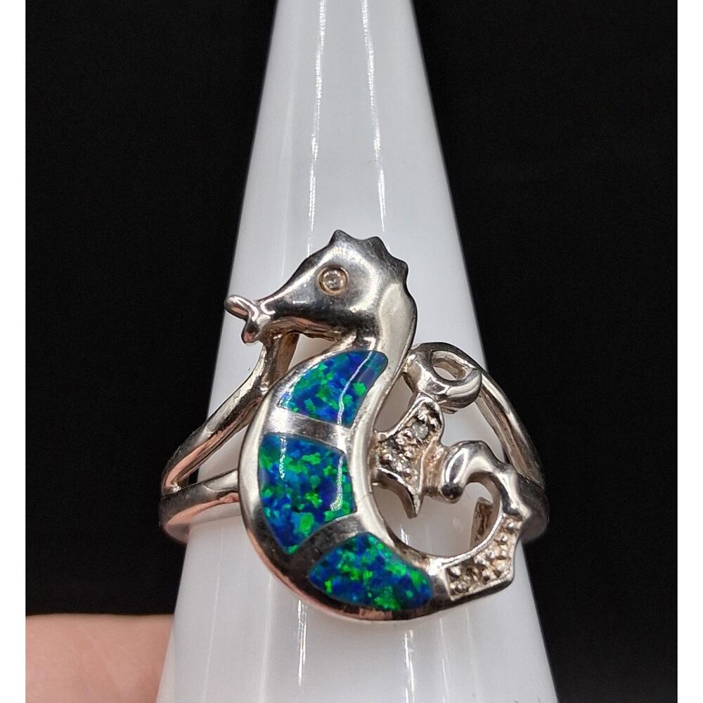 Blue Opal Seahorse Ring, Size 9.25, 925 Sterling Silver, Beach Ocean Theme